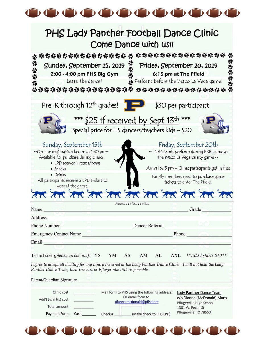 Come dance with the Lady Panther Dancers at a football game! Learn the dance at a clinic on Sunday, Sept 15 from 2:00-4:00 at PHS. #PfPantherPride #Pfamily #LadyPantherDancers