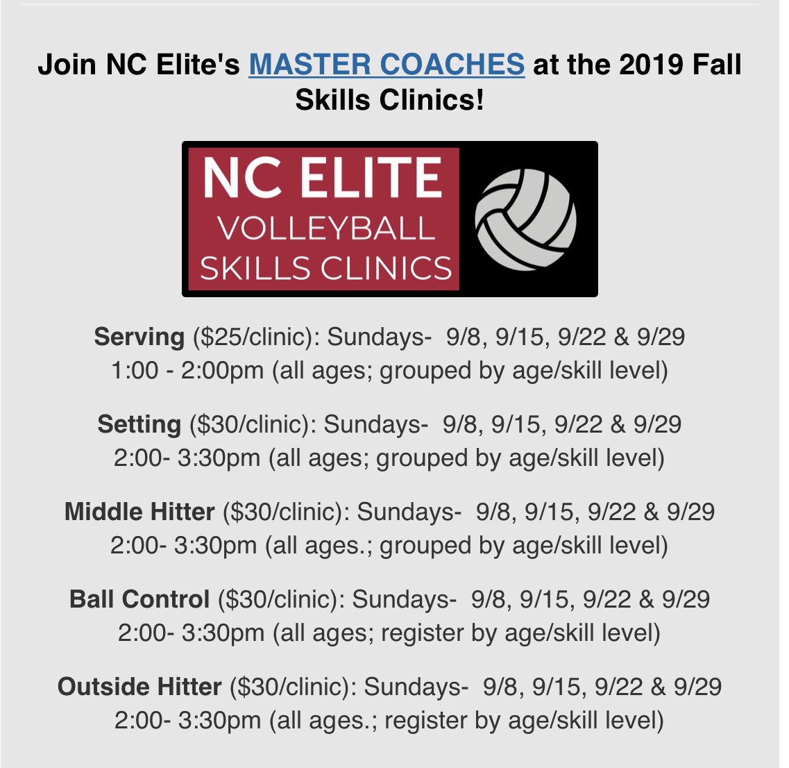 Experience NC Elite Master Coach training.. sign up for the Fall Skills Clinics!  ncelitevb.org