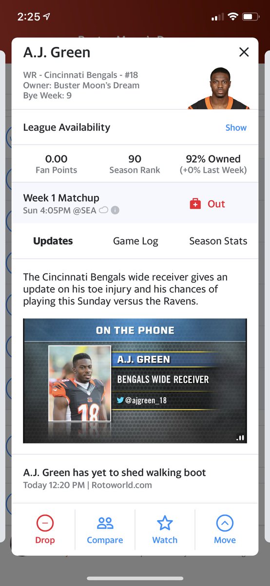 DevonGoffman's tweet photo. Haha- watching a video on @YahooFantasy for A.J. GREEN. On the site like it is for TODAY.
It’s from 2015?! Or before —- talking about his injury? Chances of playing? #FantasyFootball https://t.co/Lbo0xEUTDc