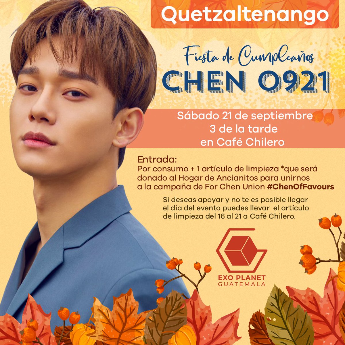 EXOPlanetGT's tweet photo. ¡Aparta la fecha! Este 21 y 22 de septiembre estaremos celebrando el cumpleaños de #Chen en Xela y en la capital. 
Únete a la celebración y apoyemos los proyectos de @ForChenUnion 
📍https://t.co/mkG107GOuH 

#EXO @weareoneEXO #HappyChenDay https://t.co/uenf9GobC8
