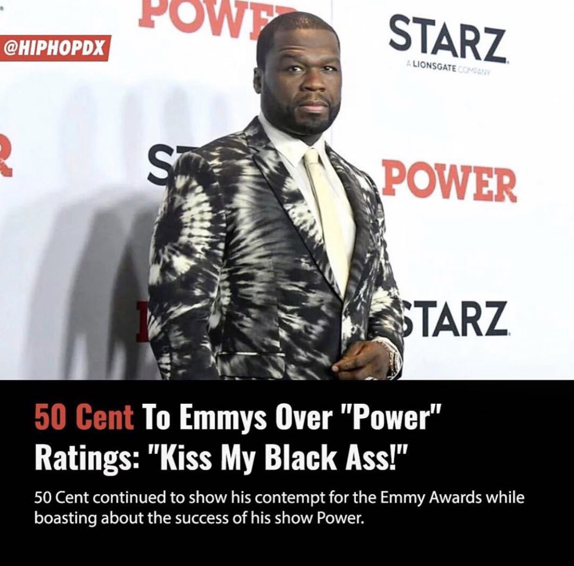 50cent's tweet photo. 😆Yeah kiss my whole black ass, POWER rating are still going up, the EMMY’s can eat a bag of dicks.🤨#lecheminduroi #bransoncognac https://t.co/ZxQ669DUhw