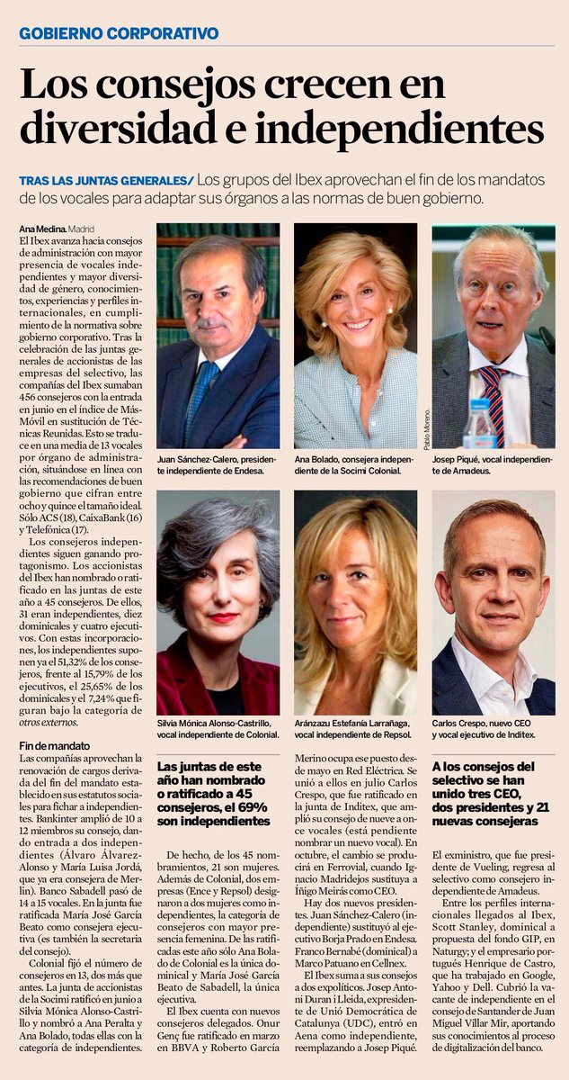 "Los consejos crecen en diversidad e independientes".

Los grupos del Ibex aprovechan el fin de los mandatos de los vocales para adaptar sus órganos a las normas de buen gobierno.

Una nueva de gestión empresarial se abre camino y la adaptabilidad será fundamental para el éxito.