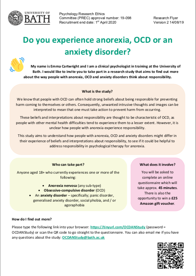 emmaljca's tweet photo. Do you experience #anorexia #OCD or #anxiety? We'd love to hear from you! Please consider participating in our #research on responsibility attitudes across these #mentalhealth difficulties. Click for info / to take part: https://t.co/CKxj03kxgW (pw = OCDANStudy). Thank you!😊 https://t.co/GMsQVTW9nr