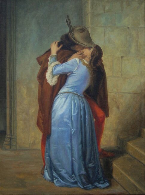 After painting with a limited palette, like Cupidon above - I feel starved of colour.So I move to something like this. This is my reproduction of Il Bacio by Hayez, but often referred to in English as, The Kiss.The reproductions I’ve painted because they are my fav’s. 