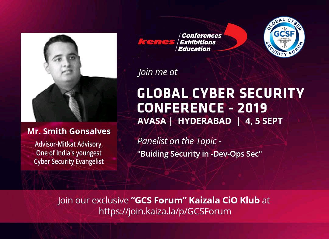 Smithgonsalves's tweet photo. Hi Guys glad to share that will be speaking at #GlobalCyberSecurityConference co-organized by Kenes Exhibitions and Consulate General of Israel 
On Topic:Building Security in DevSecOps
@gcsforum
#cyberfrat
#cybersecurity 
#Globalcybersecurityforum
#d4n6 
#MitKat @MitKat_Advisory https://t.co/Yxhlln4s1z
