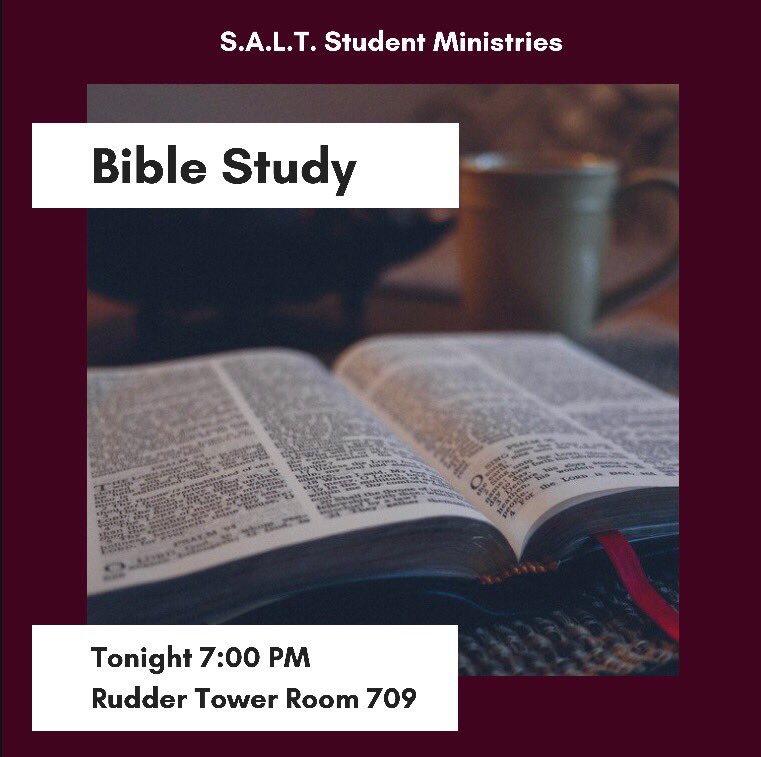 salt_tamu's tweet photo. Hello and Happy Monday! ☺️ We hope you are having a great start to your week. Join us tonight for a Bible Study in Rudder Tower Room 709 at 7:00 PM! See you then 👍🏻
#tamu #tamu20 #tamu21 #tamu22 #tamu23 https://t.co/1CyNKA0ggh