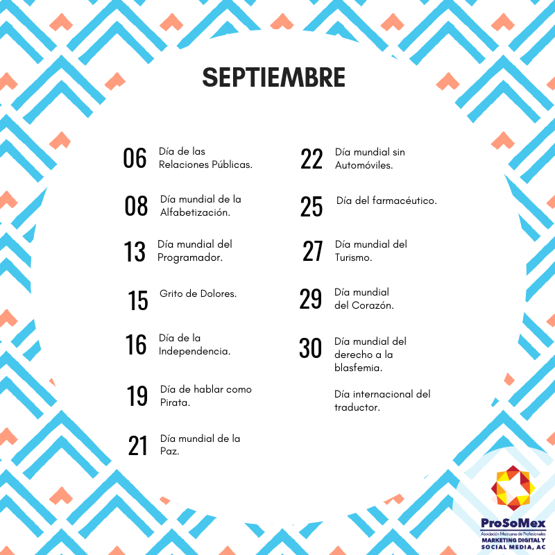 ProSoMex's tweet photo. Si crees que en septiembre es el grito 🇲🇽 y en octubre pides dulces 🎃 fallaste como CM, entérate que más se conmemora en estas fechas y haz que tus post triunfen. #calendario #Prosomex #MarketingDigital #EstrategiaDigital https://t.co/7TVZHNDNj7