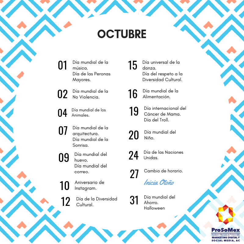 ProSoMex's tweet photo. Si crees que en septiembre es el grito 🇲🇽 y en octubre pides dulces 🎃 fallaste como CM, entérate que más se conmemora en estas fechas y haz que tus post triunfen. #calendario #Prosomex #MarketingDigital #EstrategiaDigital https://t.co/7TVZHNDNj7