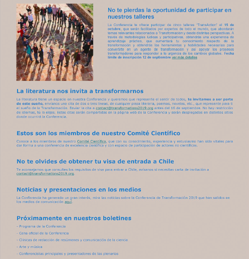 Transform2019's tweet photo. El boletín 8 de la Conferencia de Transformación esta disponible! Tienes hasta el 12 de septiembre para registrarte en nuestros talleres de TransAction ¡No te los pierdas! No olvides echar un vistazo a nuestros fantásticos Tours de Transformación https://t.co/E9zFe1jpjr #COP25 https://t.co/ISUcUizSlj