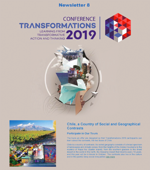 Transform2019's tweet photo. Newsletter 8 of the Transformations Conference is now available. You have until September 12th to register for our TransAction workshops. Don't miss out! And don't forget to take a look at our fantastic Transformations Tours https://t.co/E9zFe1jpjr #COP25 #ClimateChange https://t.co/jCVhgqpCEz