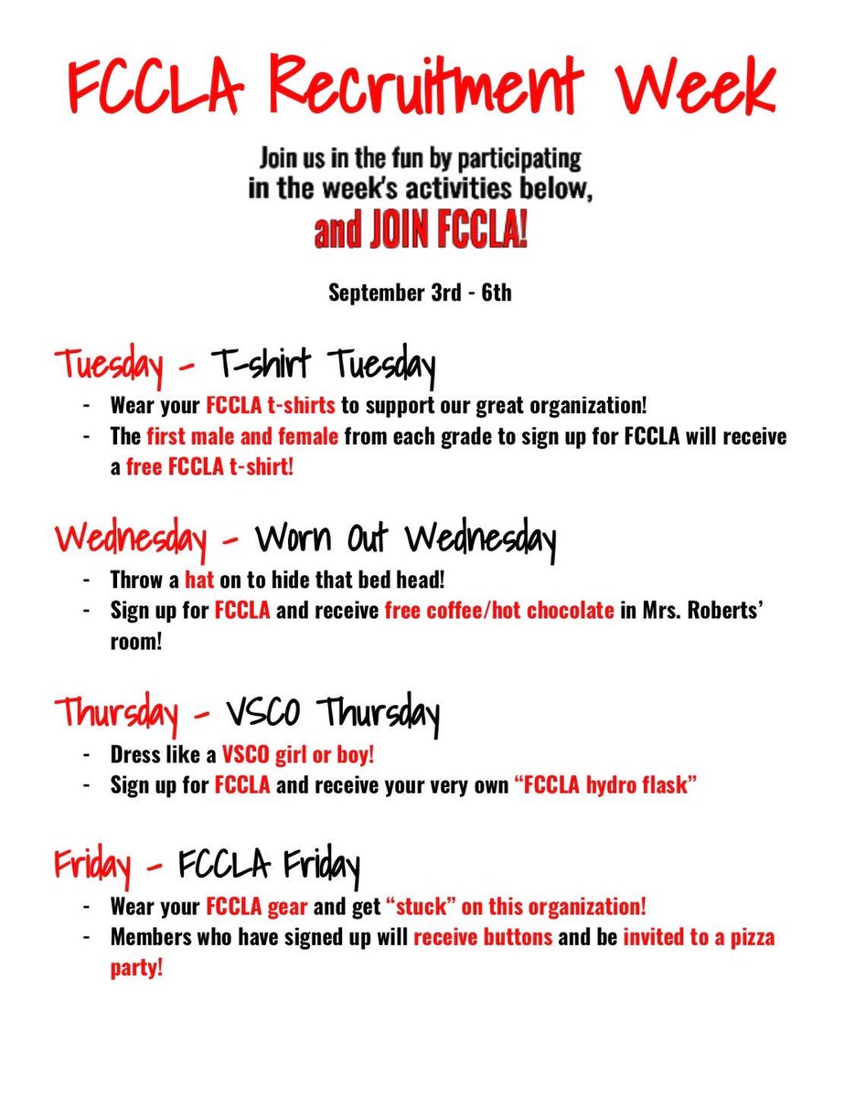 FcclaMason's tweet photo. Get excited! This week we are recruiting FCCLA members throughout Mason County! Please be sure to dress up for each day to spread the word😁 https://t.co/ExmkChEAGw
