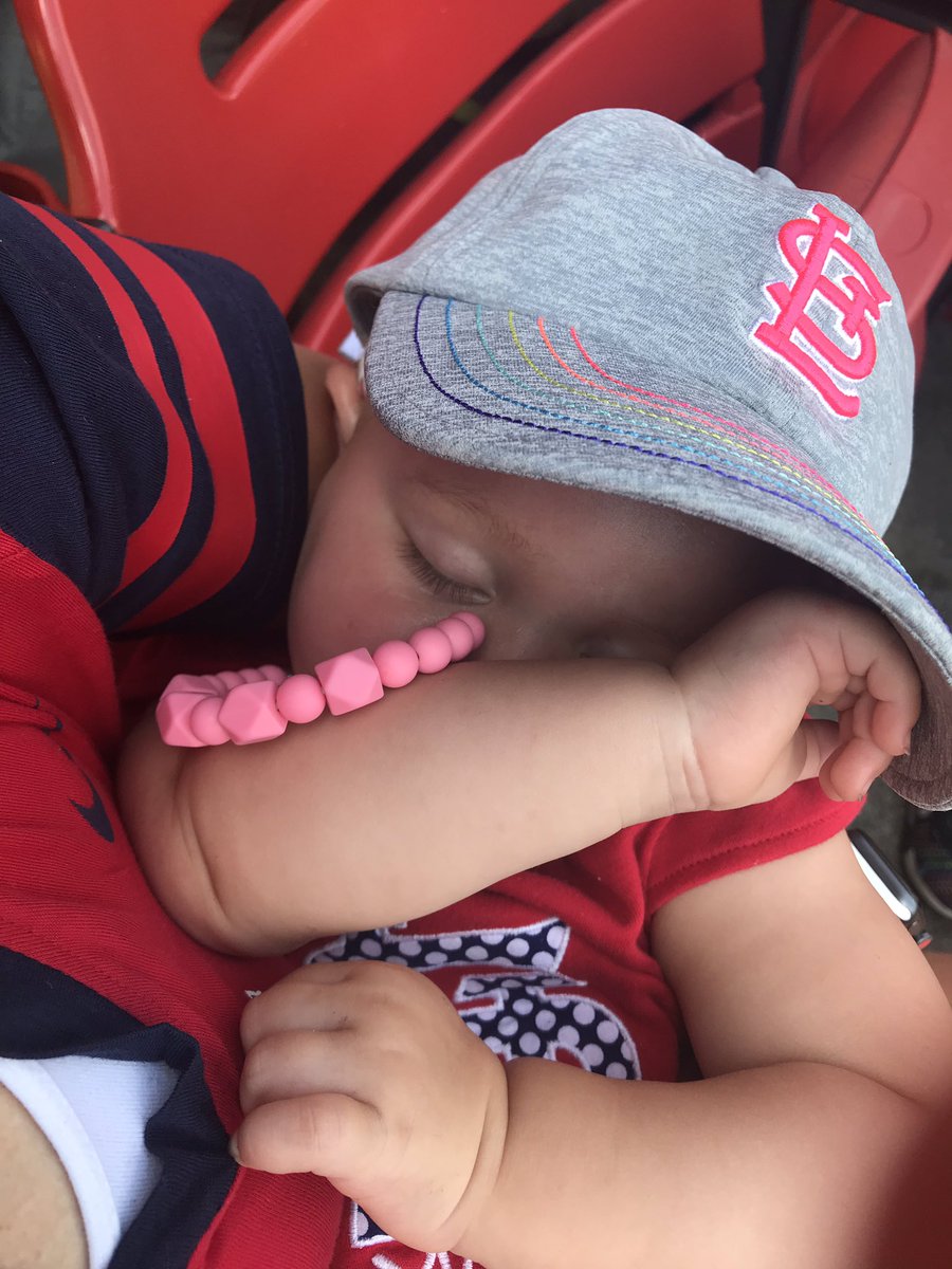 klwessler's tweet photo. Molly’s first Cardinal game kicked off with a nap, followed by all the snacks, and ended with a Cardinal win! #stlcardinals https://t.co/zPa7orgkK6