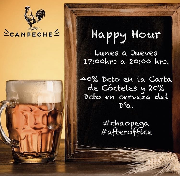 campechecl's tweet photo. Happy Hours de #Lunes a #Jueves, de 17:00hrs a 20:00 hrs.
40% de descuento en la Carta de Cócteles y 20% de descuento en cerveza del Día.

#happyhour #chaopega #afteroffice https://t.co/yY40gQ7WOo