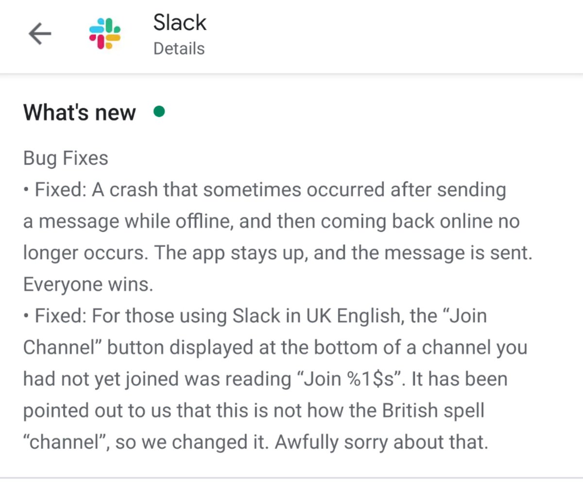 shanesmithau's tweet photo. Always a joy reading @SlackHQ release notes. Shout-out &amp; thanks to all the companies that do this, big and small!

Anyone have apps they love reading release notes for, because they're either witty or ... just more than "fixed bugs"?

Special mention for @PodcastAddict, too ♥️ https://t.co/U1hLMuNcNn