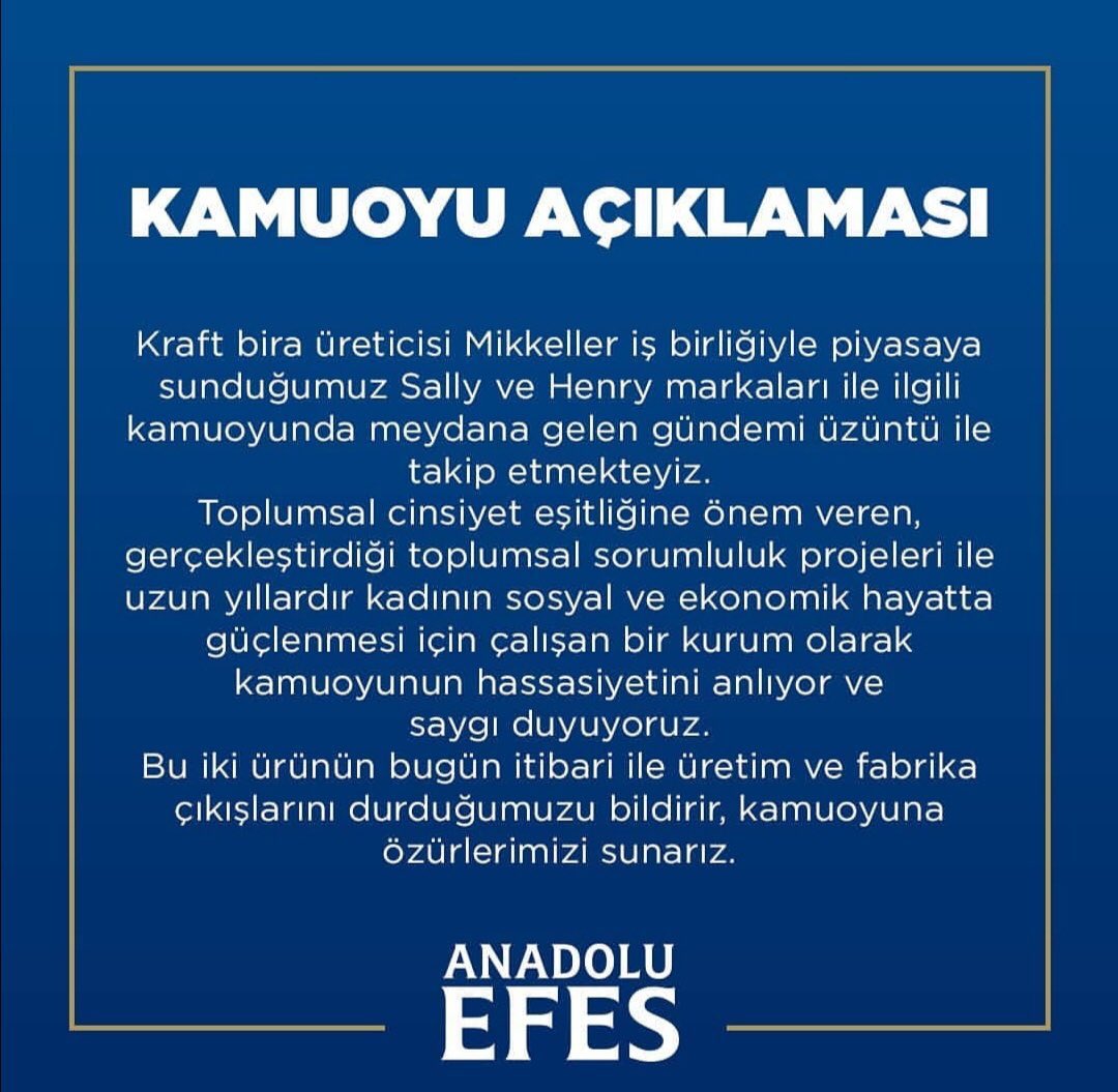 Anadolu Efes grubu, açıklama yaparak taleplerimizi yerine getirdiğini duyurdu ve eylemimiz başarıyla ulaştı! ✌️
Eyleme katılarak cinsiyetçiliğe karşı harekete geçen herkese binlerce teşekkür! 
Siz yoksanız bir kişi eksiğiz!