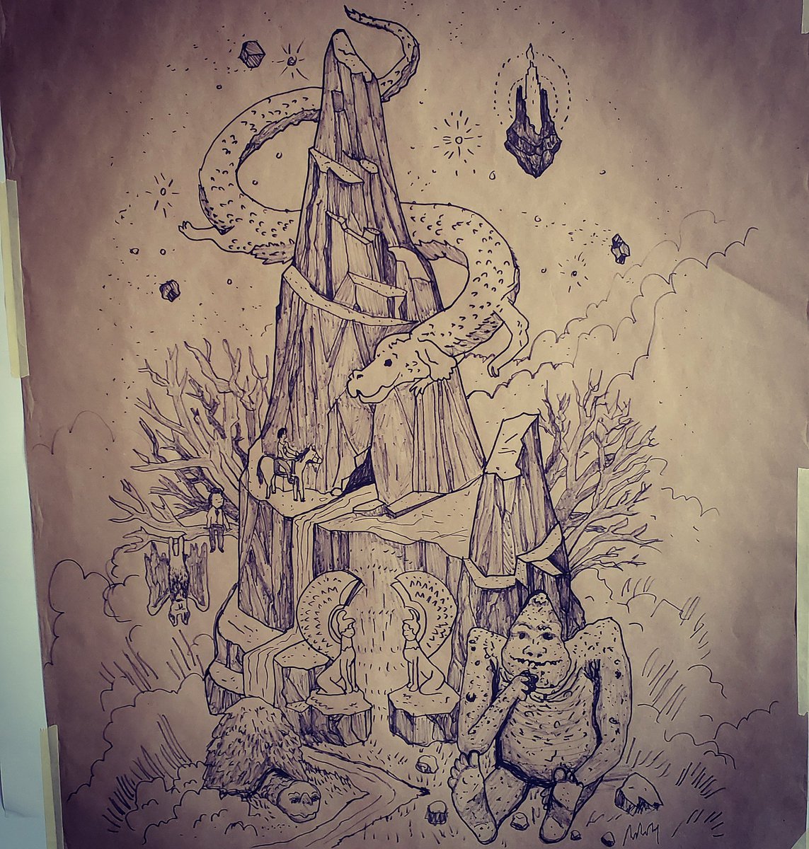 KyleBeautweet's tweet photo. Traced a poster for the book we're reading this year. I used my smartboard projector. The sharpie died which made it perfect to shade with. I dont know the  name of the original artist i traced from, but they're awesome whoever they are.
#neverendingstory #fantasyunit #teaching https://t.co/mBqqgFh5kn