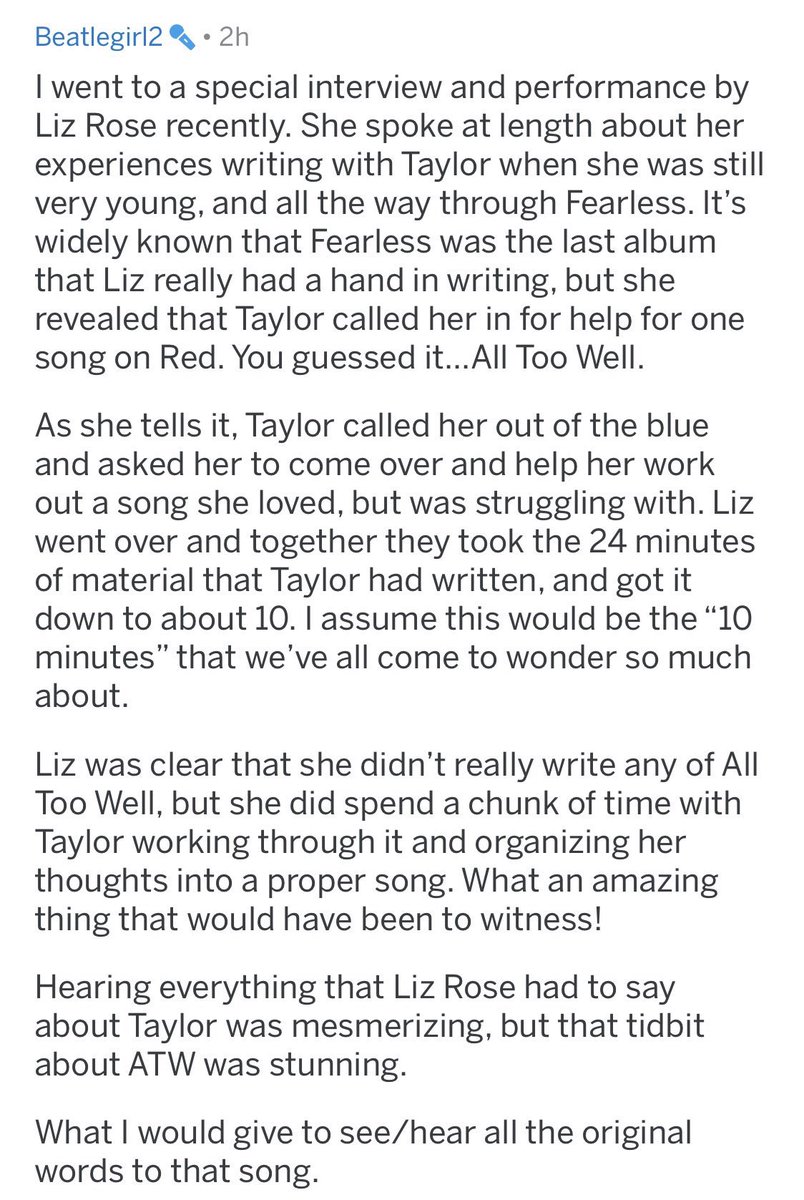 Taylor Swift News ℹ Songwriter Liz Rose Revealed At A Recent Performance Event That The Song All Too Well Was Originally 24mins Long So Taylor Came To Her