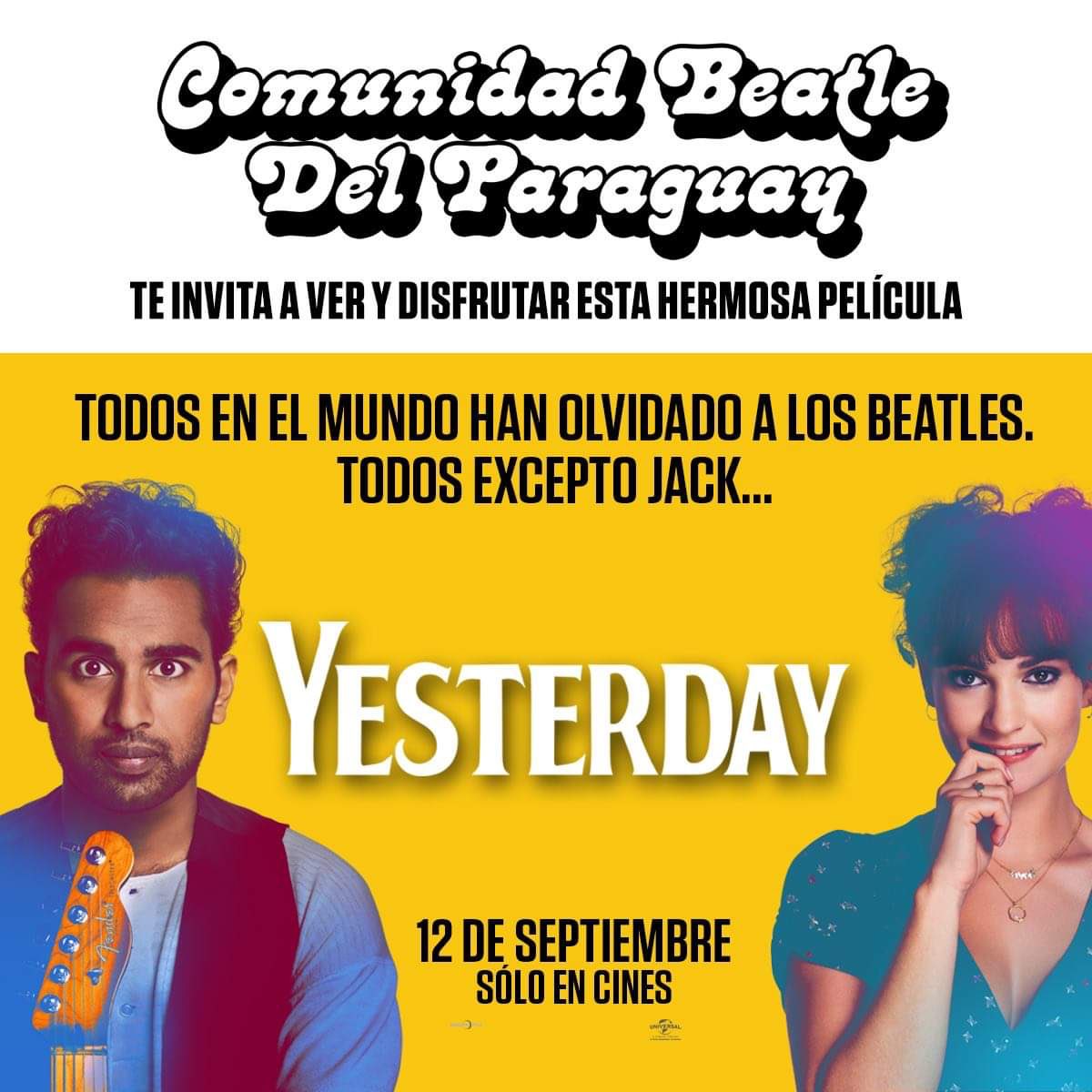 ComuBeatlePy's tweet photo. 📣📣¡¡¡Atención Comunidad!!!📣📣

Mañana, Martes 03-09 vamos a sortear un par de invitaciones para el avant premiere de la película “Yesterday” en nuestra cuenta de Twitter, compartí esta publicación, arroba a quien quieras que te acompañe y ya estás participando del sorteo! https://t.co/yshJr2KQdV