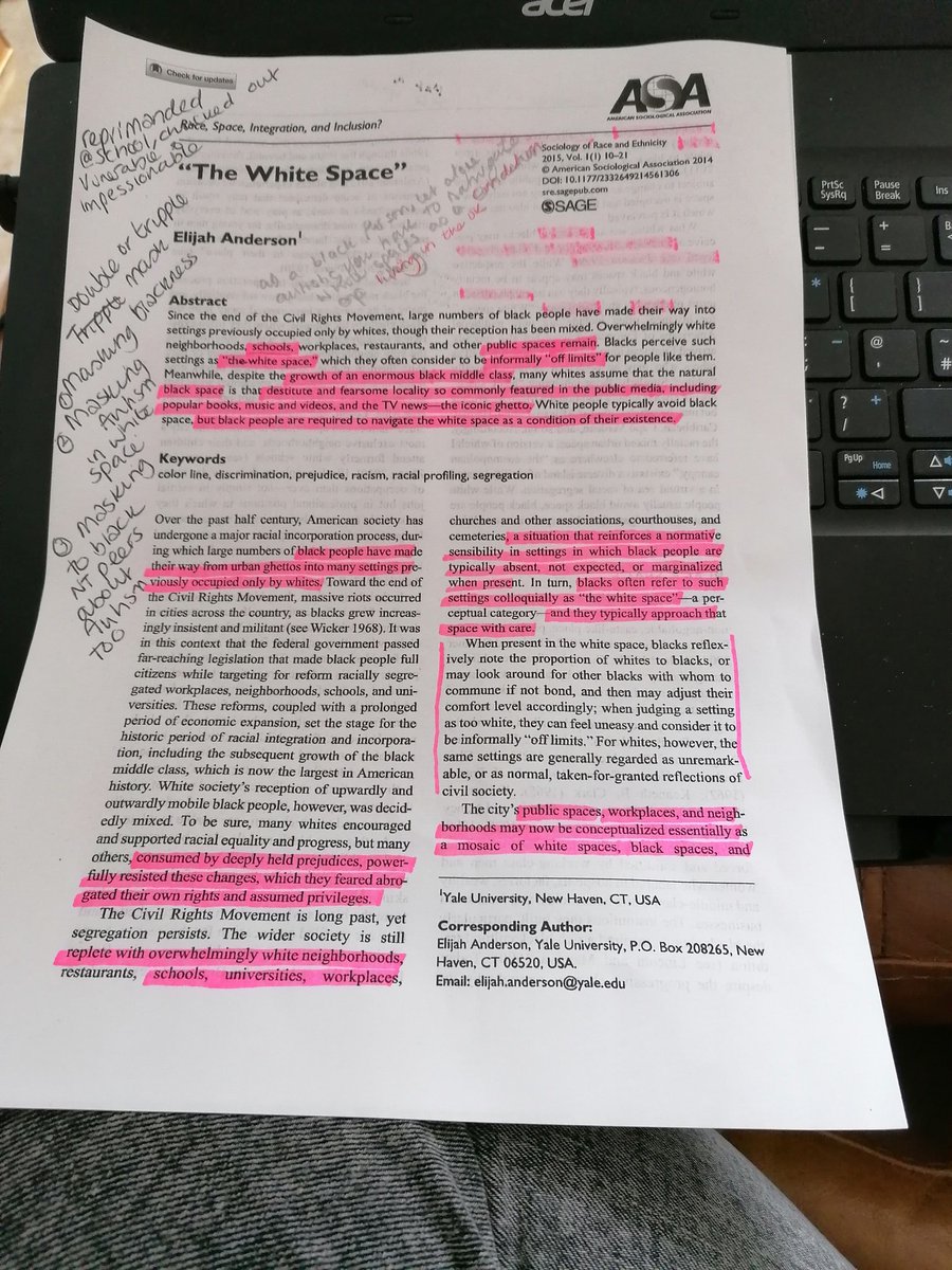 Mis_TAught's tweet image. A bit of light reading by @ElijaAnderson. &quot;The White Space&quot; is a fascinating paper I&apos;m using in an assignment about #BlackAutistics in schools, &amp;amp; their need to mask in white spaces. Black &amp;amp; Brown people need to be reading up on #CriticalRaceTheory &amp;amp; #WhiteSpaces