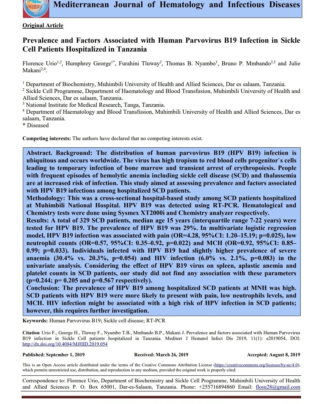 Julie Makani Urio F George H Tluway F Nyambo T Mmbando B Makani J 19 Prevalence Factors Associated With Human Parvovirus B19 Infection In Sicklecell In Tanzania Mediterranean