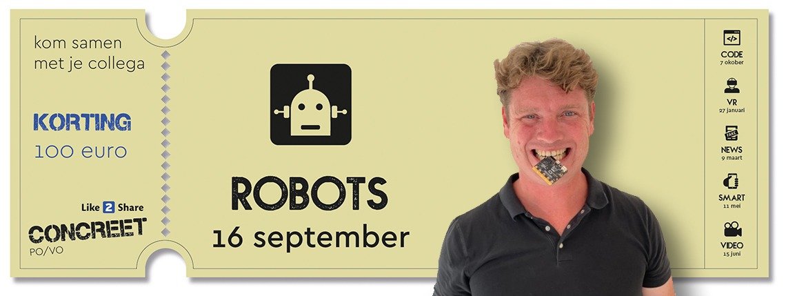 Ben je bezig met #digitalegeletterdheid? Schrijf je dan in voor like2share.nl/concreet/ van <a href="/Like_To_Share/">Like2Share</a>! Op 16 september gaan we in Utrecht aan de slag met twee concrete lesideeën voor BYOR en de Micro:bit. Er zijn nog een paar plekjes beschikbaar...