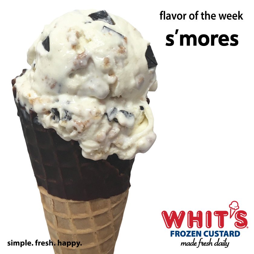 The weekly flavor is a summer classic combo of flavors that will remind you of a night by the bonfire with friends and family. Come try it today! #whitsfrozencustard #smores
