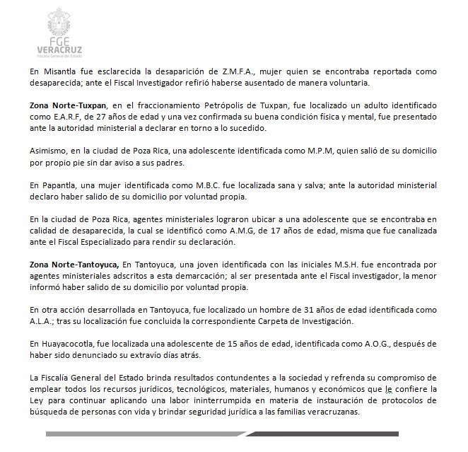 En Agosto, localiza <a href="/FGE_Veracruz/">FGE Veracruz</a> con vida a 55 personas reportadas como desaparecidas
• Se desactivaron ocho Alertas Amber-Veracruz, al ubicar sanos y salvos a nueve niños y adolescentes (1)
facebook.com/fgeveracruz/po…