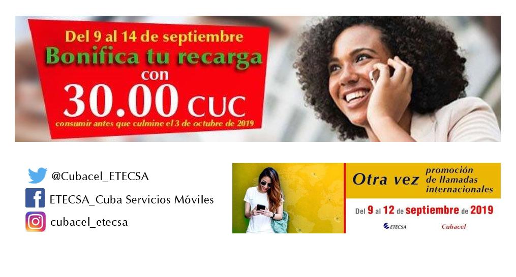 EtecsaServicios's tweet photo. #Promoción del 9 al 14/9: Si recibe una Recarga Internacional entre 20 y 50 CUC, obtendrá 30 CUC de bono adicional, a consumir hasta el 3/10. También del 9 al 12/9, los clientes con BONOS DE DINERO VIGENTES tendrán un descuento del 50% en llamadas INTERNACIONALES. #CubacelEnLínea https://t.co/2stCIVrl0y