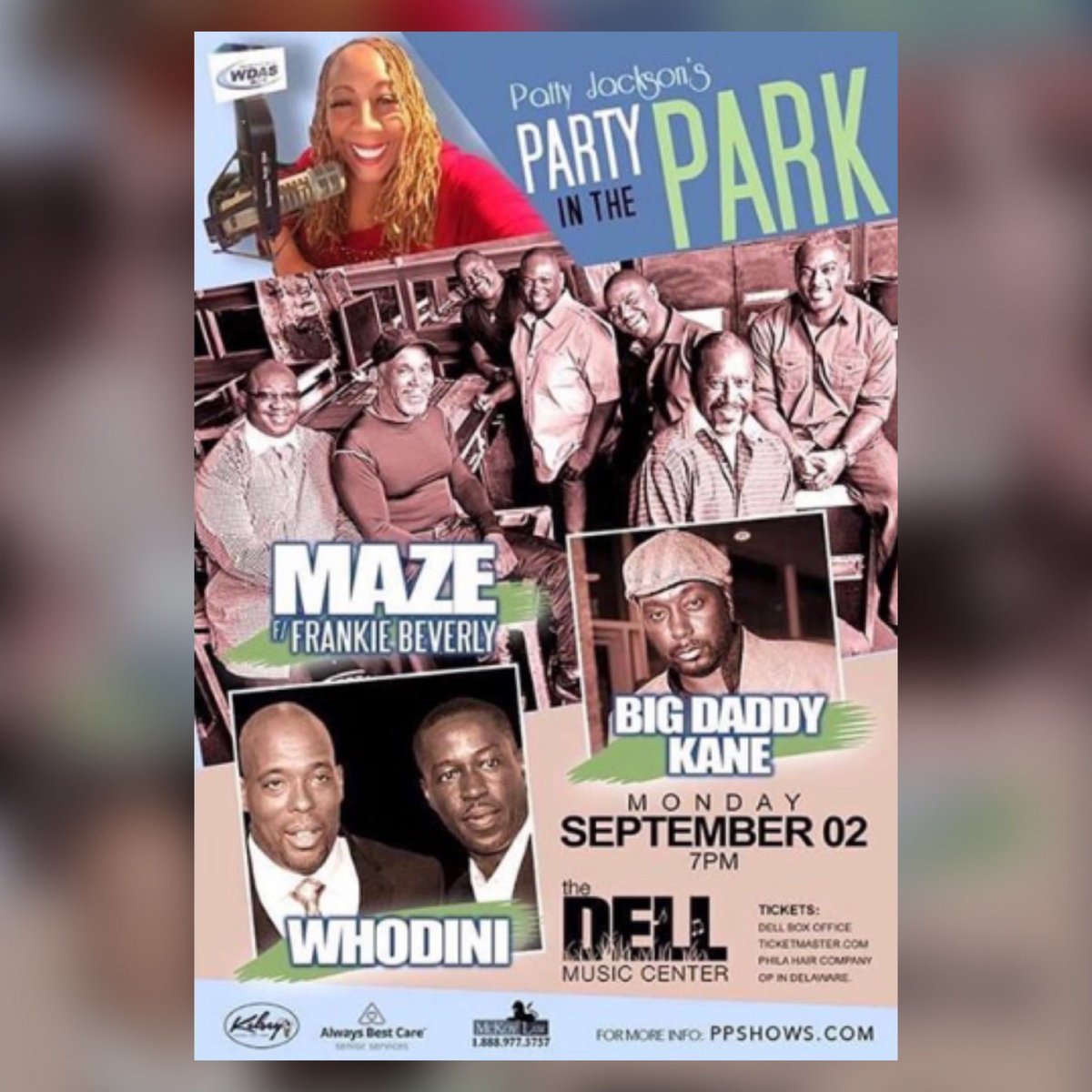 Tonight! Patty Jackson's Party in the Park featuring Maze ft Frankie Beverly, Big Daddy Kane, and Whodini. #Maze #FrankieBeverly #BigDaddyKane #Whodini
