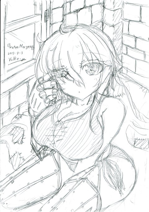 うちの子『ヘルミーネ・トレーガー』ちゃんの寝起きアナログ絵です#うちの子 #ヘルミーネ・トレーガー #オリジナル #創作 #パンツァープッペ #義手 #メカ #パワードブーツ #アナログ絵 #アナログ #オリキャラ #創作キャラ #Danke!  #軍人 