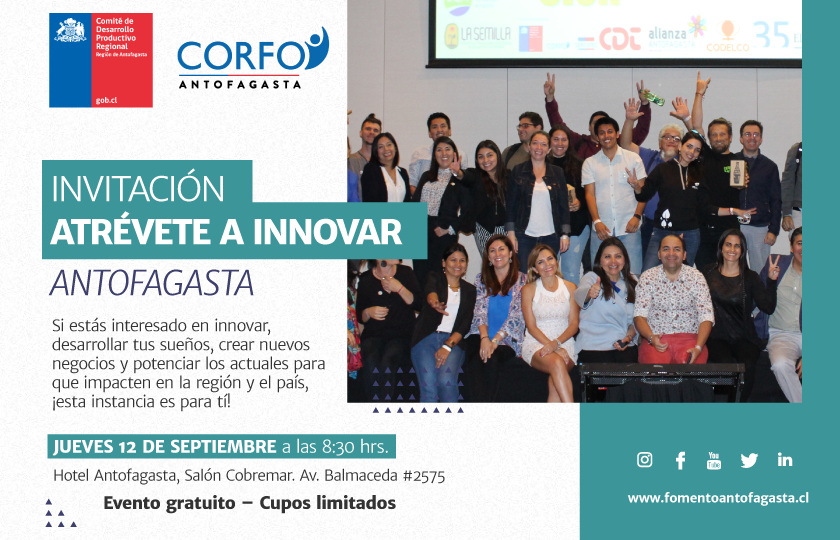 NO LO VAS A CREES 😱
Reserva la agenda y vive ATRÉVETE A INNOVAR #Antofagasta una jornada de charlas, paneles de conversión e instancias que conectarán tu proyecto o negocio con el ecosistema regional. ¡No te lo pierdas!
Inscríbete👉bit.ly/2k0DwTK
#ChileEnMarcha🇨🇱