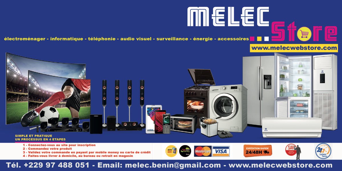 MELECWEBSTORE's tweet photo. Notre plateforme de vente en ligne (https://t.co/w8mpraGDSe) enregistre vos commandes en quelques clics. Livraison gratuite sur Cotonou. Paiement par mobile money (mtn et moov) ou à la livraison. 

#Bénin #VenteEnLigne  #Équipements #Électroménager #Informatique #Téléphonie #Tech https://t.co/F532AV2O8Z