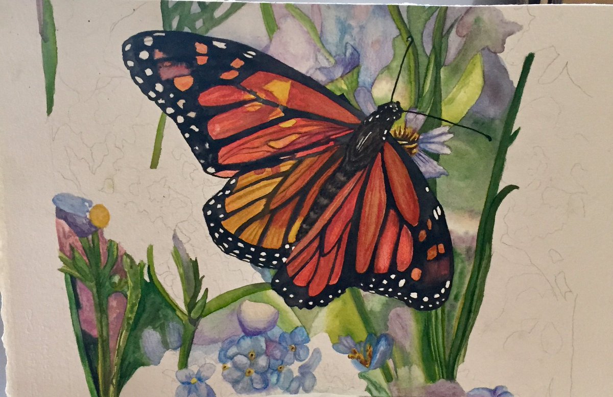 My best friend passed away August 26th, this work in progress is in her memory #Alzheimers#butterfly#forget-me-nots#watercolour#painting