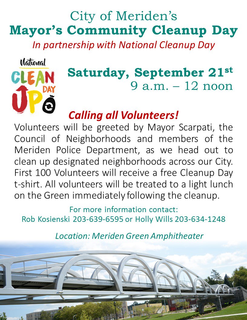 Calling all volunteers! Come help cleanup our city! We hope to see you there! #NationalCleanupDay @CityofMeriden