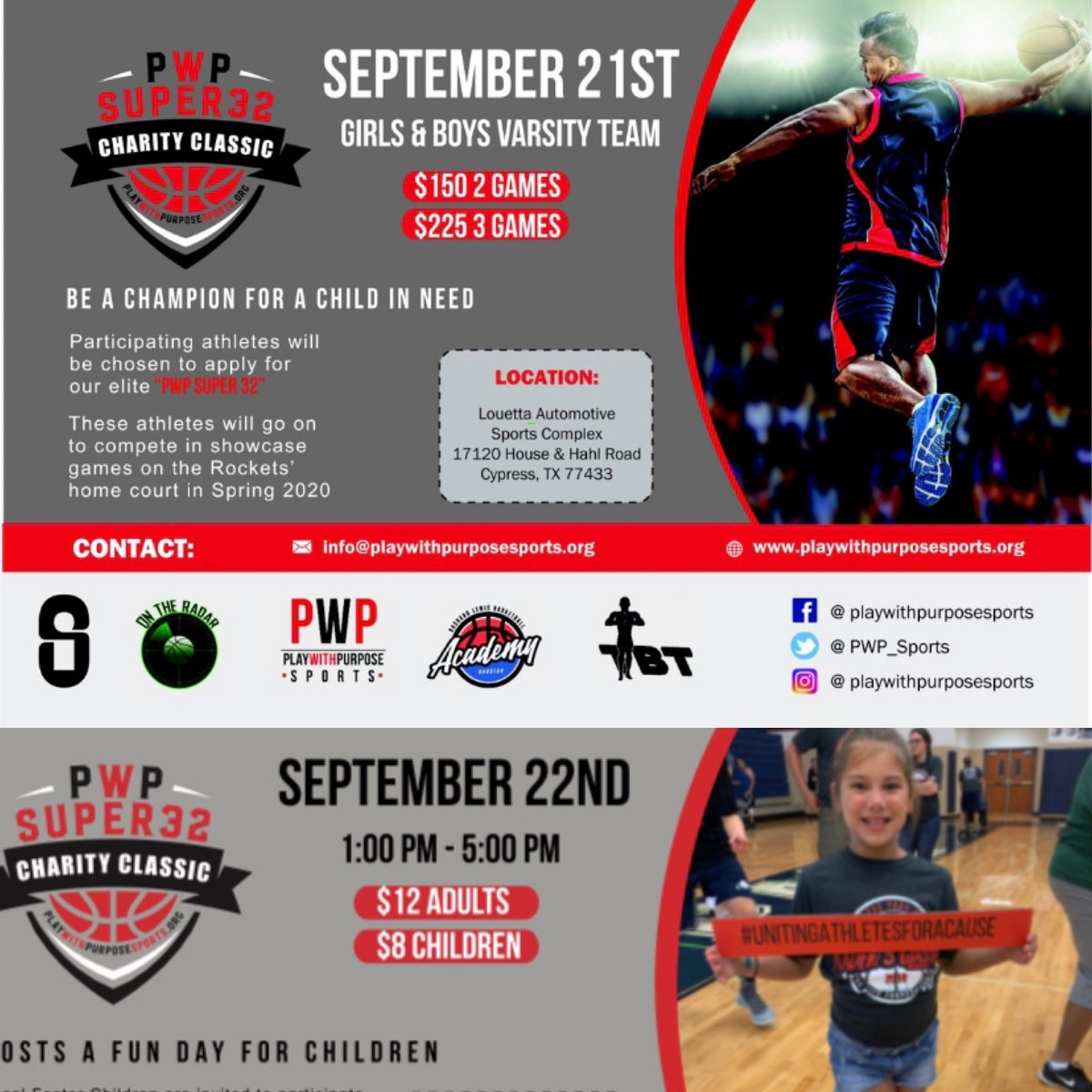 PWP_Sports's tweet photo. Compete for children in need Sept 21st! Participants get to apply for  #PWPSuper32 &amp; chance to play on Toyota Court before Rockets game in Spring! Also join us on 22nd as Dunkers, Pros, Sponsors &amp; PWP treat foster kids to action filled day! #gotpurpose #unitingathletesforacause https://t.co/ZVxExCKL9a