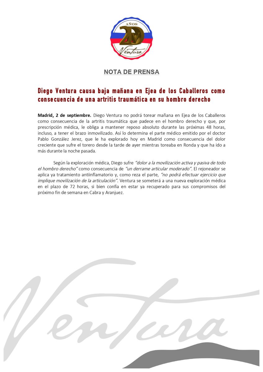 InfoDVentura's tweet photo. 🔴ÚLTIMA HORA // @DiegoVentura82 no podrá torear mañana en Ejea de los Caballeros como consecuencia de una lesión en el hombro derecho que le obliga a mantener reposo absoluto durante 48 horas

➡️ https://t.co/fEE797MpiG

#másquenunca #mejorquesiempre https://t.co/JoTl6VsLU7