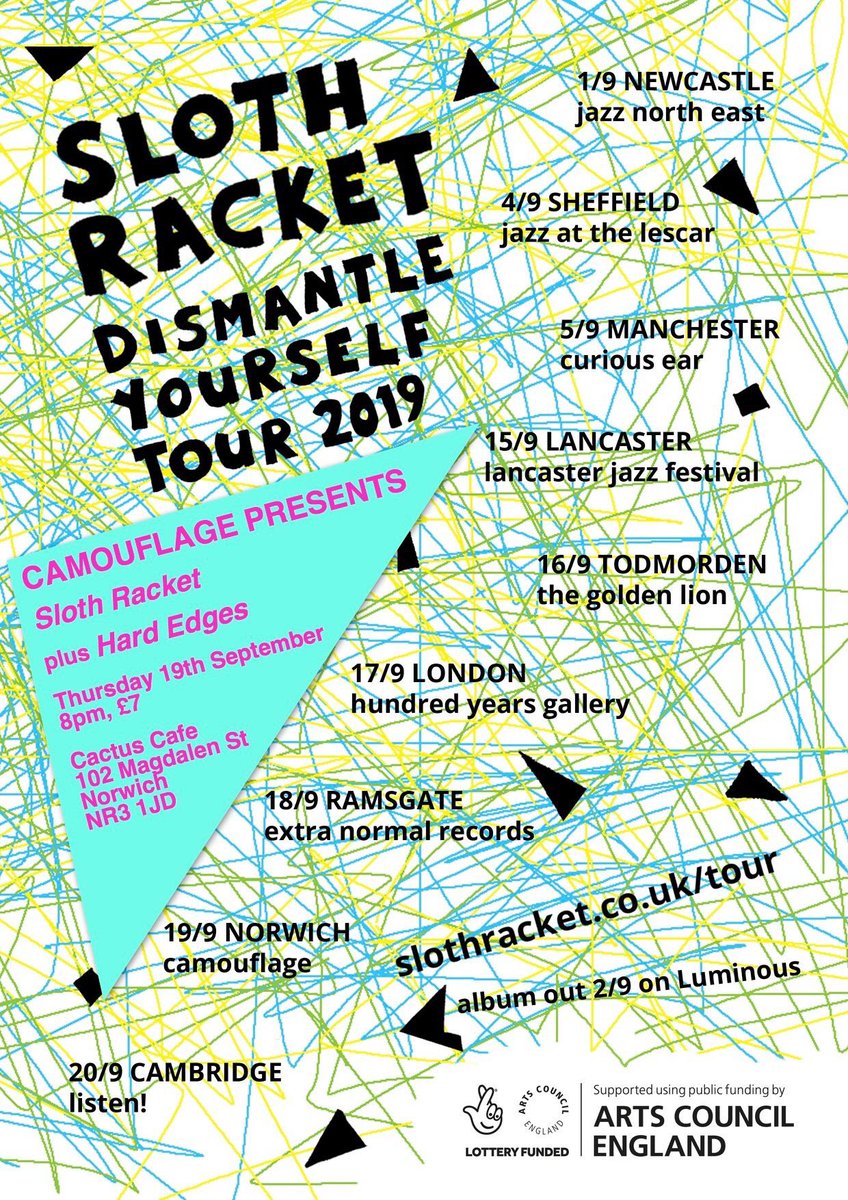 We’re looking forward to presenting the formidable @slothracket, plus the local improvising brass trio Hard Edges, all at Cactus Cafe, Norwich - more details:

facebook.com/events/2382852…

The tour is to promote the new album by this band led by @cathrobots:

slothracket.bandcamp.com/album/dismantl…