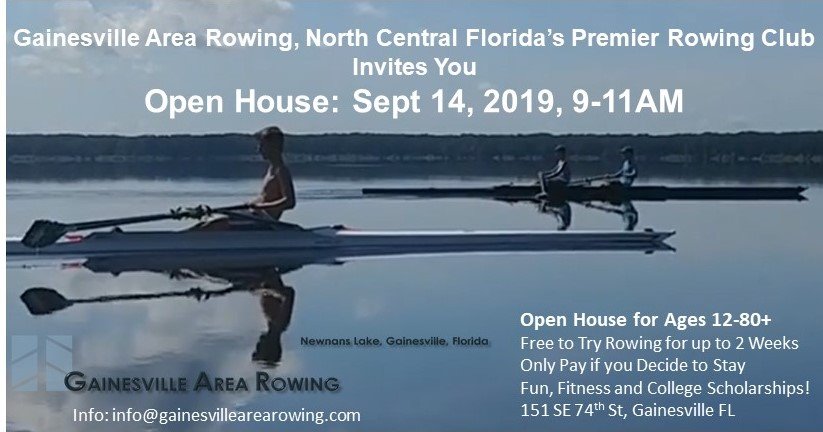 Gainesville Area Rowing would like to invite anyone and everyone to our Open House on the morning of September 14th. Come along with friends, family or even by yourself and experience something new!