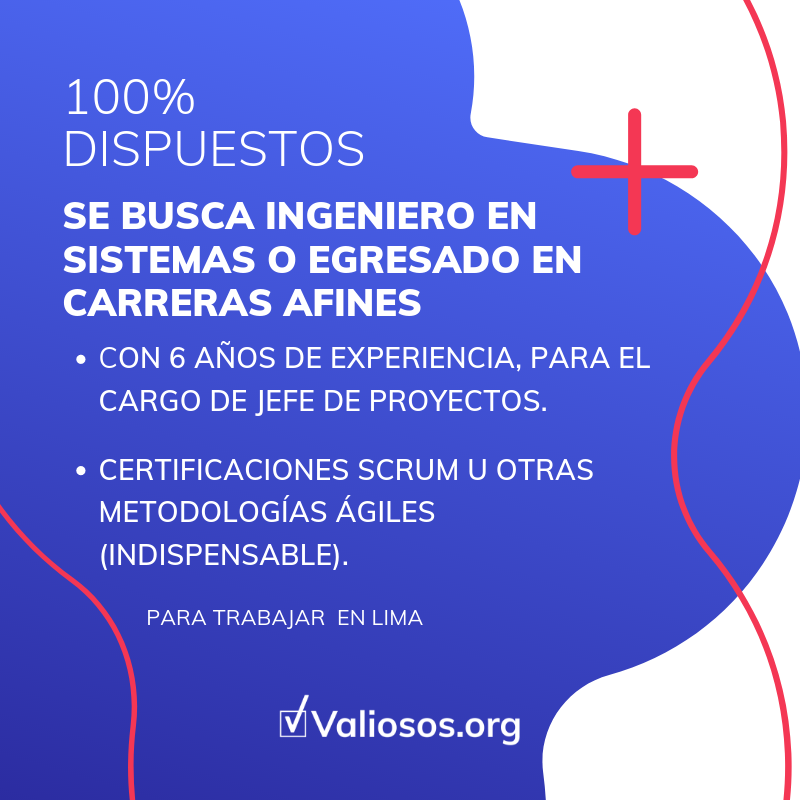 Valiosos_org's tweet photo. Inscríbete en https://t.co/tl9K0NbfuJ o envía tu cv a: urgente.sebuscatalento@valiosos.org

Importante empresa, solicita Ingeniero en Sistemas, con 6 años de experiencia, para el cargo de Jefe de Proyectos, Manejo de SQL y certificaciones SCRUM u otras Metodologías Ágiles. https://t.co/yg8HPQ1G1A