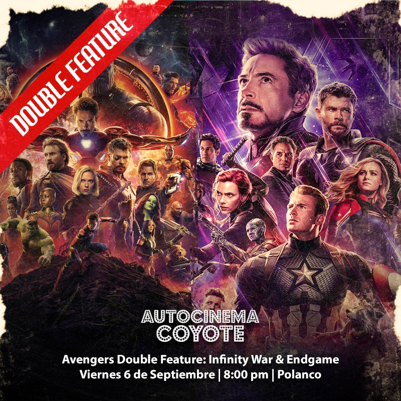 AutocinemaC's tweet photo. ¡Es momento de unirnos Coyotes! ¡#AvengersAssemble! vengan a disfrutar el DOUBLE FEATURE #AvengersEndgame y #AvegersInfinityWar en Autocinema 😉
👉 BOLETOS: https://t.co/rsAPYU8f8s https://t.co/EygylRvMxl