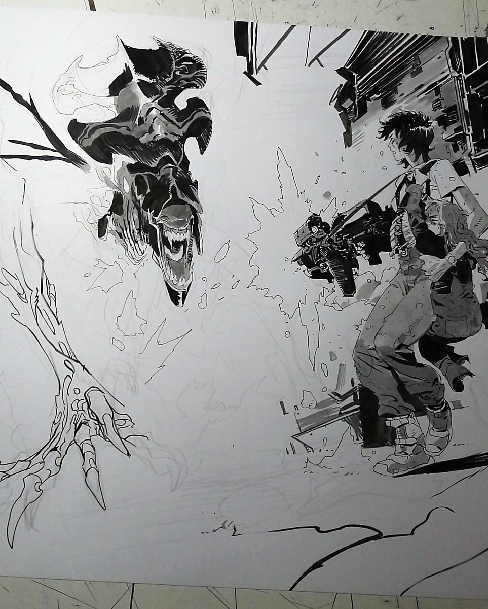 A couple wips from yesterday's piece. As you can see most of the stuff is not tightly pencilled. I do comic book pages just the same way.
