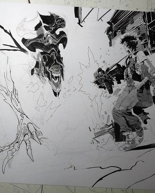 A couple wips from yesterday's piece. As you can see most of the stuff is not tightly pencilled. I do comic book pages just the same way. 