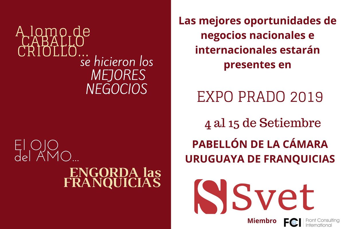 estudioSVET's tweet photo. Este año nuevamente estaremos presente en la #EXPOPRADO 2019, el evento que reúne el campo y la ciudad, con una asistencia aproximada de 350.000 personas.
Es por excelencia el evento empresarial más importante del Uy y te invitamos a conocer diferentes franquicias a tu alcance https://t.co/cvNILZutin