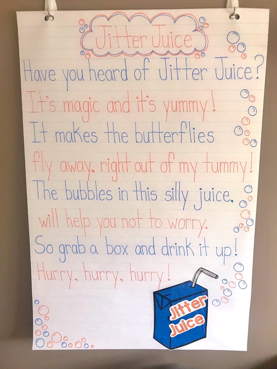 MissHone3's tweet photo. We all get the first day jitters! Hopefully this poem and a box of jitter juice can help my kinders conquer their first day jitters! I’m excited for a great year at an amazing new school!🖍 https://t.co/JBrOXCLo8R