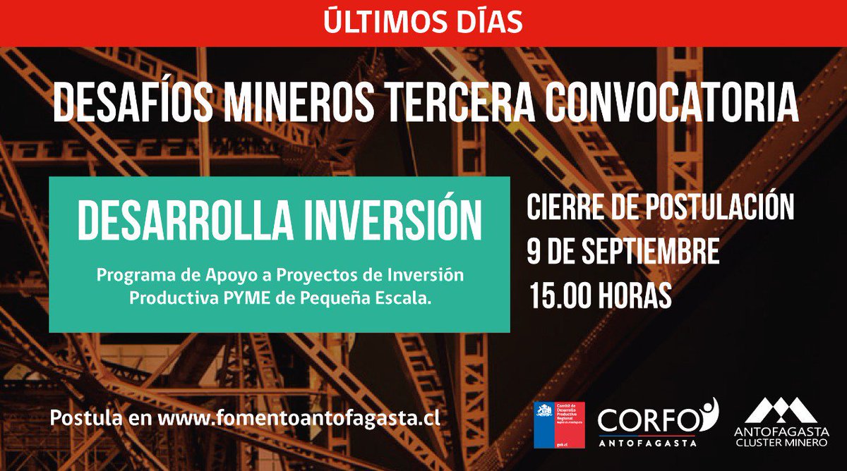 Atención 📢
Quedan 8 días para que cierre la postulación al concurso Desarrolla Inversión - Desafíos Mineros. Ingresa a fomentoantofagasta.cl/programa-desaf… y postula tu proyecto 💪
#ChileEnMarcha🇨🇱