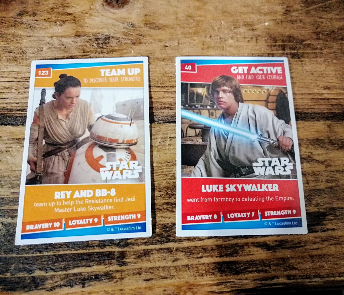 bearandmouse11's tweet photo. @TheCriticalDri2 opened up my kids Marvel trump cards. You'll be pleased to know Rey is more powerful than Luke. She does have the help of BB-8, who I presume does most of the talking. https://t.co/CEU6EZ3BH7