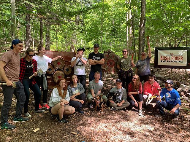 FindYourWild1's tweet photo. Carleton student reunion in the bush. Good times and four aces for the winner. #axethrowing #poker #reunion #games #muskokatourism #ontariotravel #explorersedge #huntsvillelakeofbayschamberof commerce https://t.co/JbrgvcnXdO