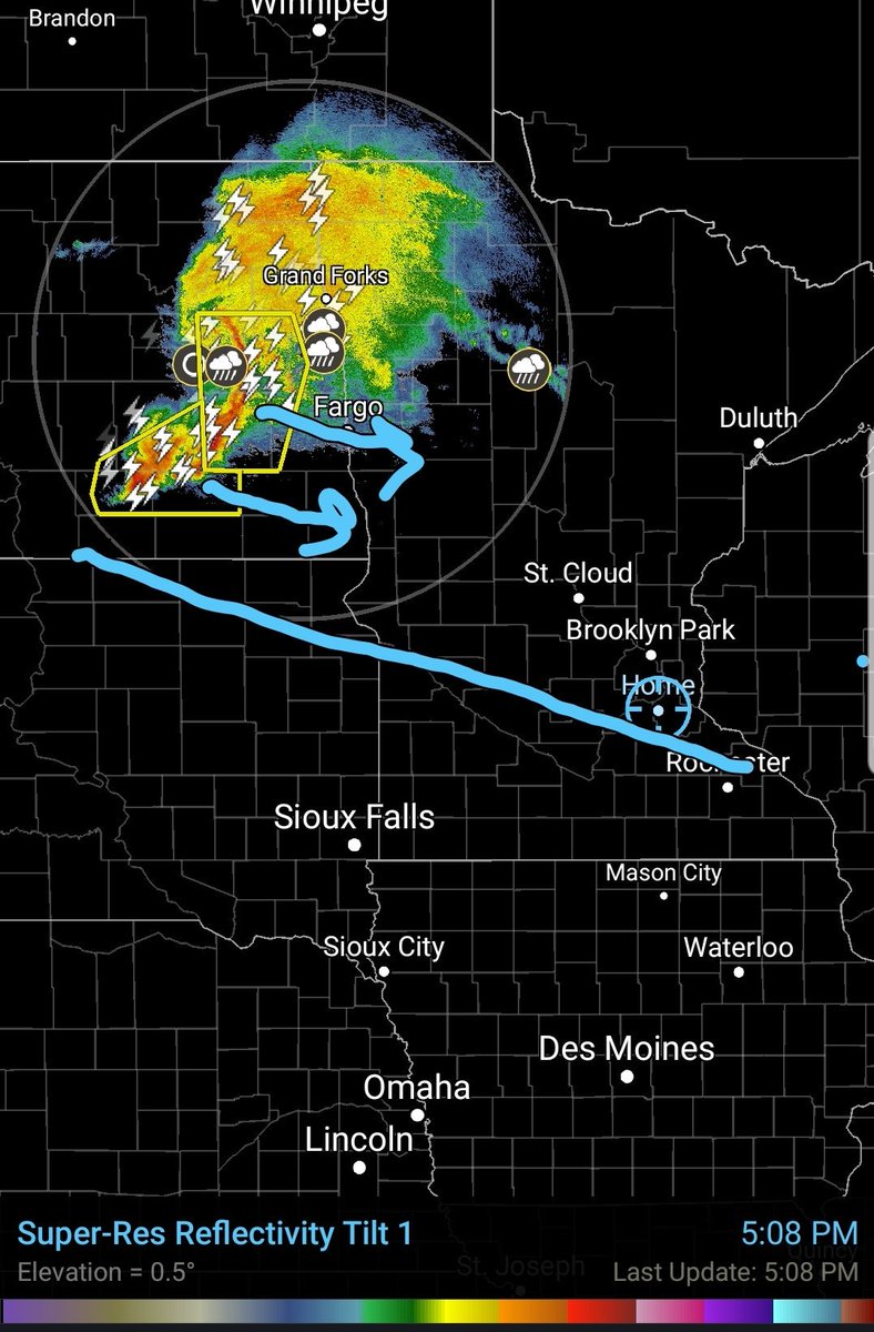 wxpersons's tweet photo. Watching the ongoing development of a severe complex of storms over E. North Dakota. This complex should follow a thermal gradient (blue line) into the Twin Cities tonight. Most mature &amp; strongest storms should impact the N. Metro. Strong storms possible in S. Metro as well. https://t.co/vsjHe3DEQb