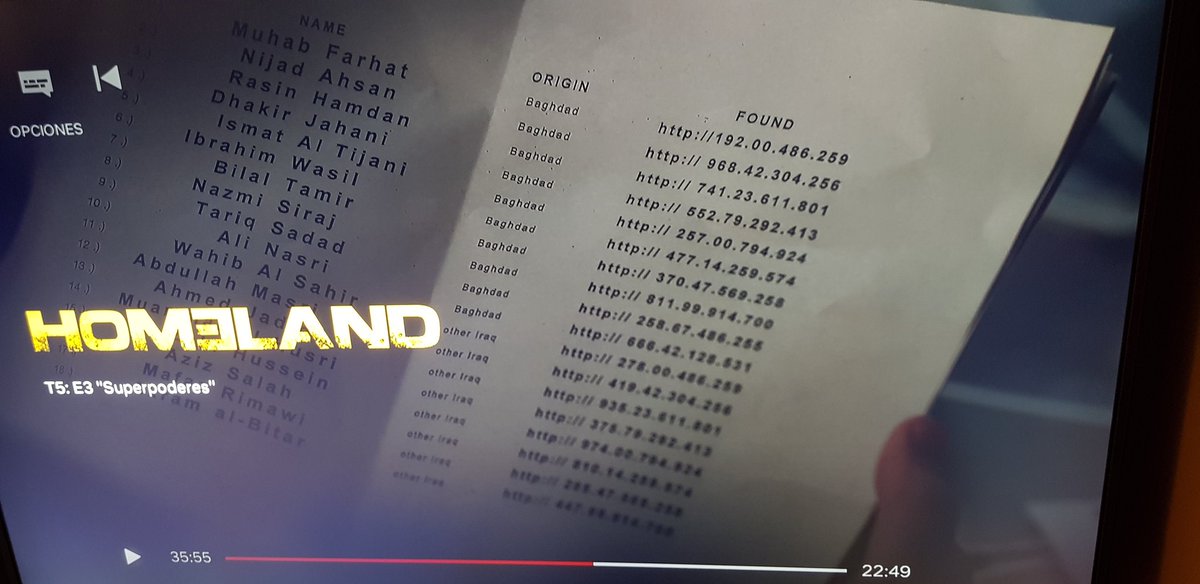 eth3rup's tweet photo. Con el pastizal que se gastan en la producción de #Homeland y que no haya nadie que le diga que las direcciones IP tienen un rango determinado... 😩 #MasCulturaDigital https://t.co/DB9ts2IhZk