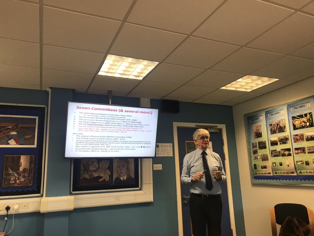 PeterBa1n's tweet photo. Professor Jim Scott presenting research findings so Head Teachers could discuss next steps for our curriculum. Added to discussions on curricular models, exam presentation and success measures, FAs and the effectiveness of the BGE, it made for a very productive day. #bocsh https://t.co/6VpwYhq5EU